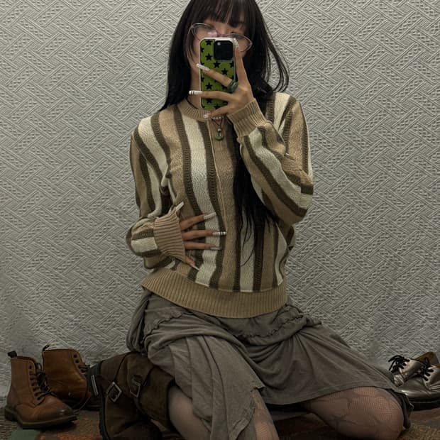 빈티지 코지 모리 스트라이프 패치워크 리본 니트 K0099