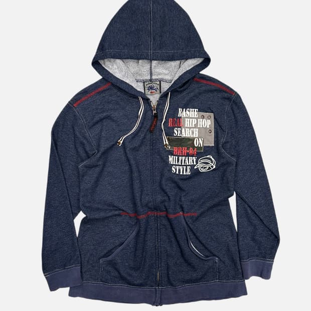 grunge blue lettering hood zip-up