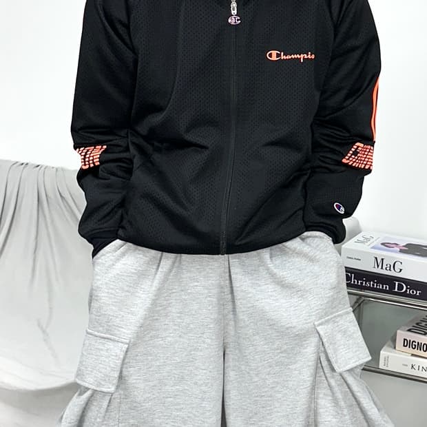 챔피온 제펜 오렌지 블랙 트랙탑 져지 L