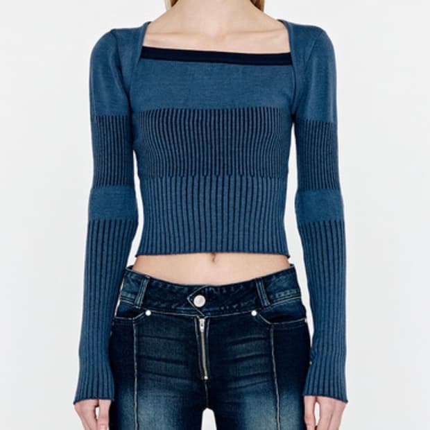 유즈 투톤 볼레로 니트탑 블루(네이비)