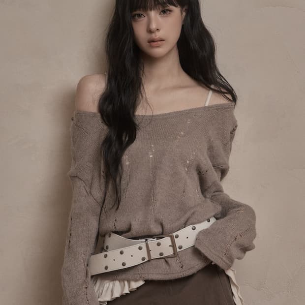 카키포인트 데미지 펀칭 니트 베이지