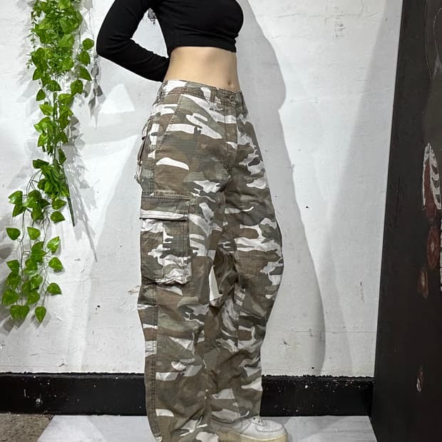 일본 빈티지 베이지 밀리터리 카모 립스타 와이드 카고 팬츠 군대 바지 M