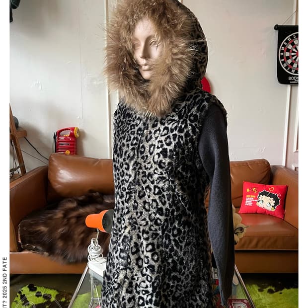 Jpn Vintage Fur Hood Reopard Vest Zip-up