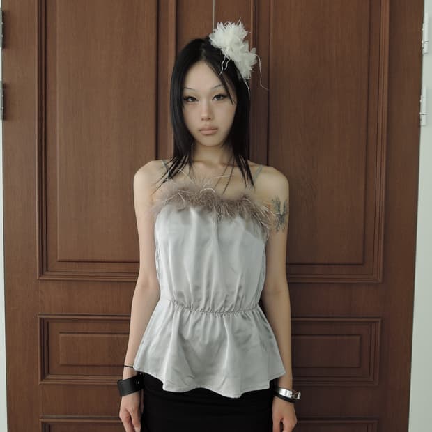 Satin Feather-Trimmed Camisole Top