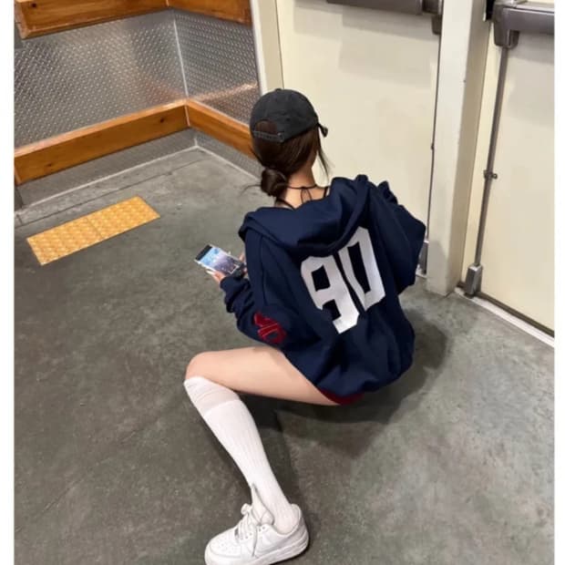 [원조핏] 에이블리 90 프린팅 빈티지 오버핏 후드집업