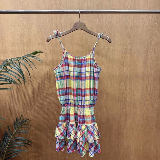 폴로 랄프 로렌 멀티 체크 슬리브리스 원피스 셔링 허리 밴딩 프릴 디테일