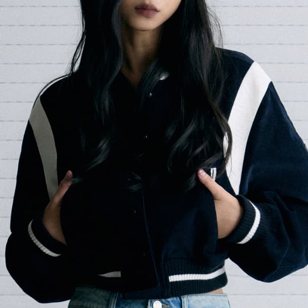 레더리 코듀로이 바시티 자켓 네이비