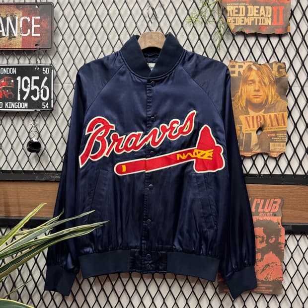 90s 트라이마크 애틀란타 코치자켓 전면 빅로고 포인트 네이비