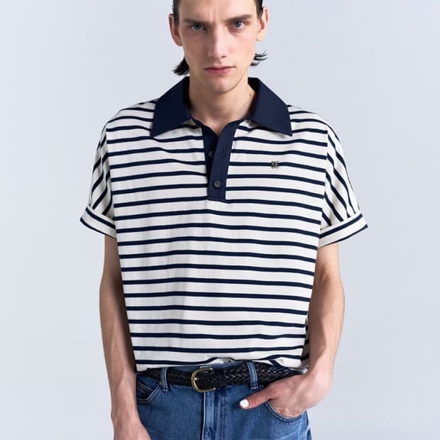 노이스 스트라이프 포플린 티셔츠 네이비