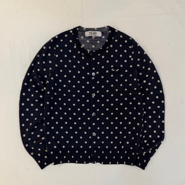 꼼데가르송 플레이 폴카닷 땡땡이 울 가디건 딥 네이비