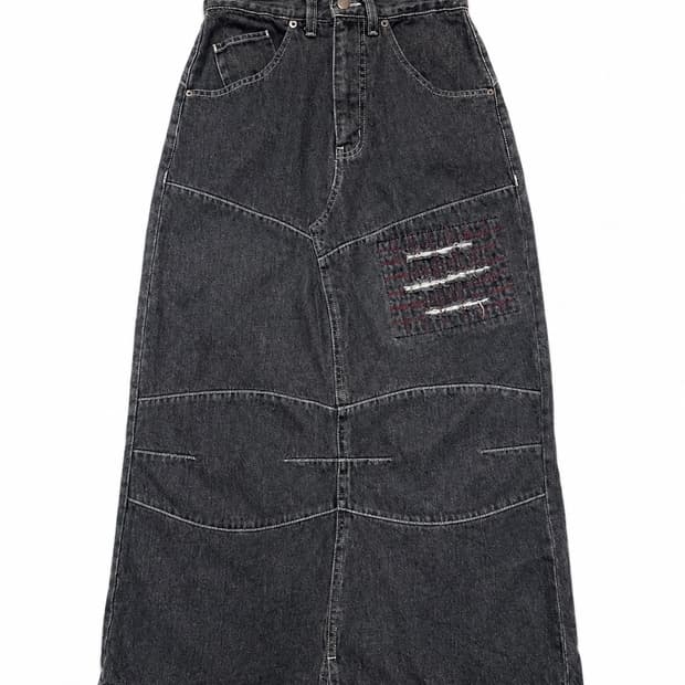    빈티지 워싱 패치워크 데님 롱스커트