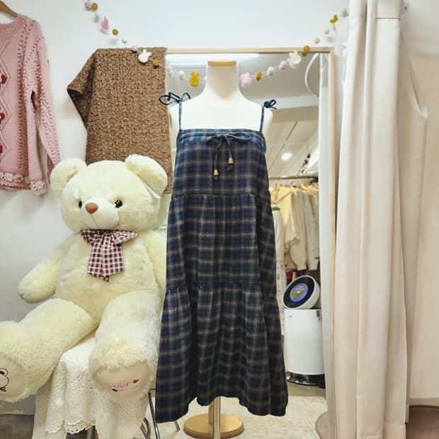 그린 체크 끈원피스