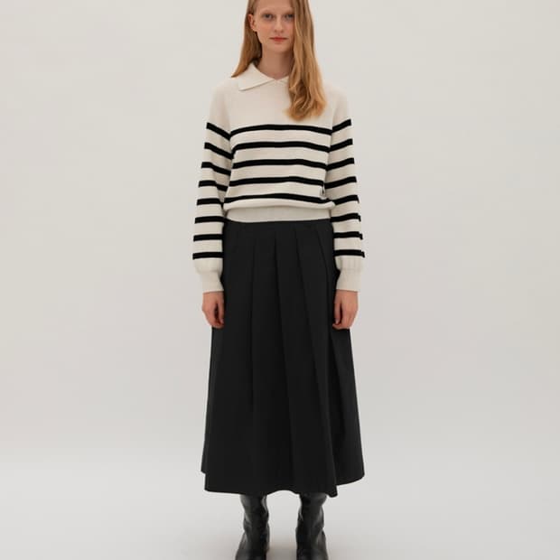 LEVAR 르바 래글런 스트라이프 카라 울 니트 아이보리