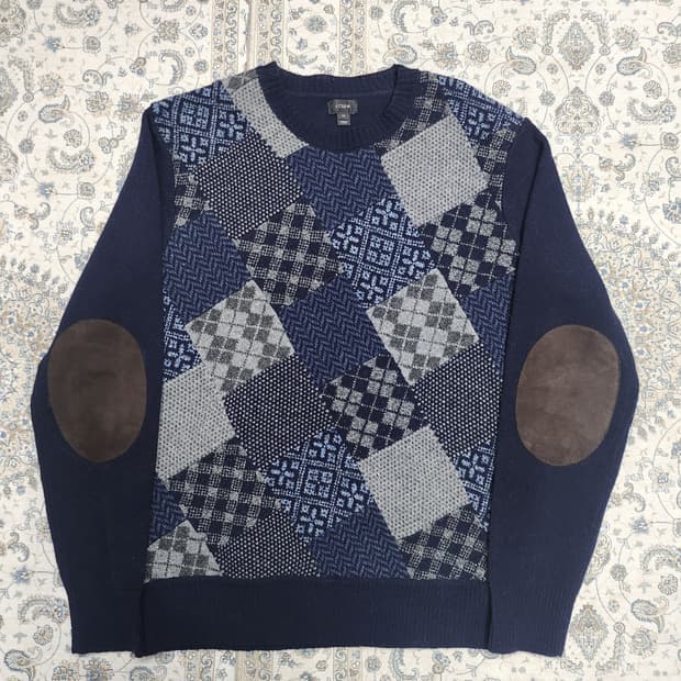 J.CREW 램스울 100% 패치워크 가죽배색 가디건 M