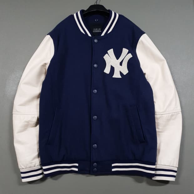 100 (L) MLB 뉴욕 양키스 소가죽 레더 울 바시티 자켓 NY