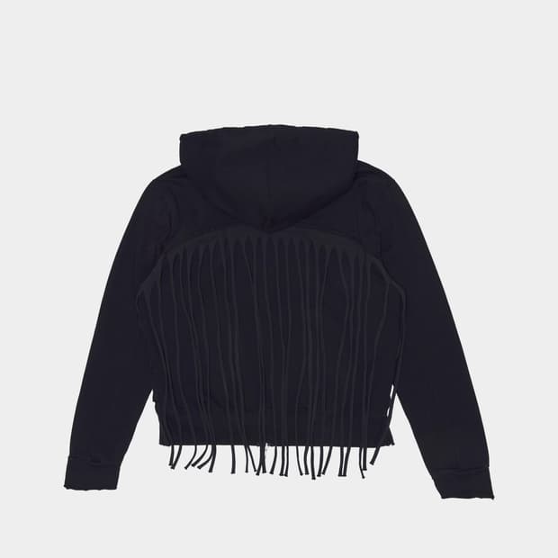 0tape 공테잎 FRINGE HOODED ZIP-UP BLACK