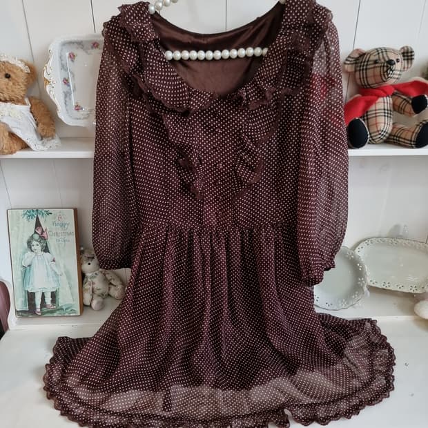 브라운 도트 쉬폰 프릴원피스
