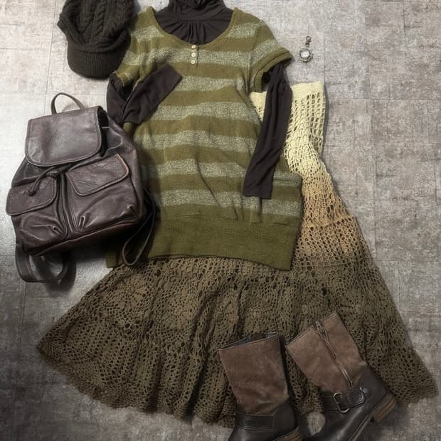 버튼 니트 스트라이프 패턴 셔링 폴라 넥 원피스 2pcs SET