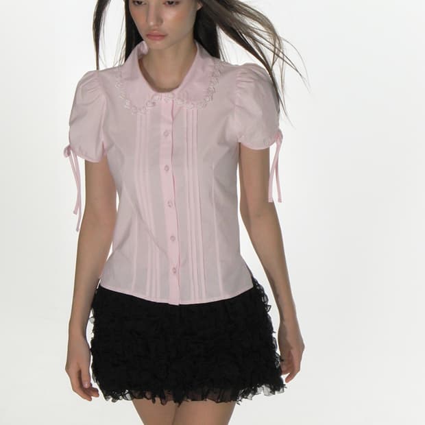 크랭크 핀턱 레이스 카라 블라우스 핑크