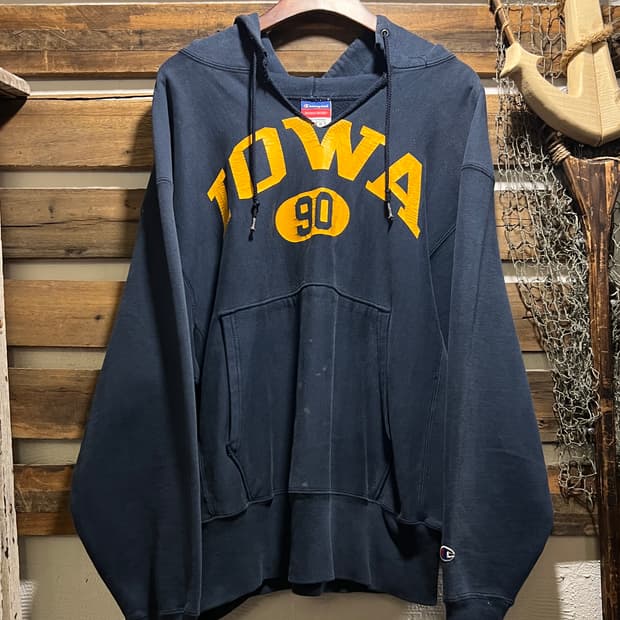 [L]90's 챔피온 리버스위브 IOWA 90 프린팅 네이비 후드 티셔츠