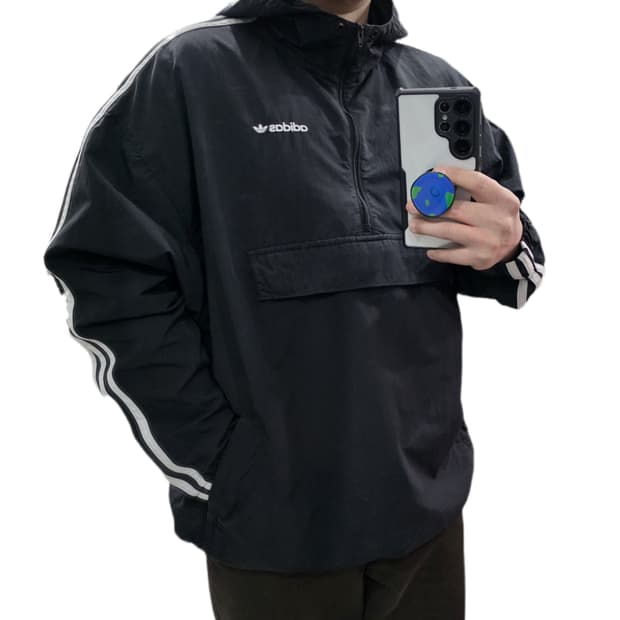 L 아디다스 검흰 삼선 오버핏 후드 아노락 바람막이 (사진참고)