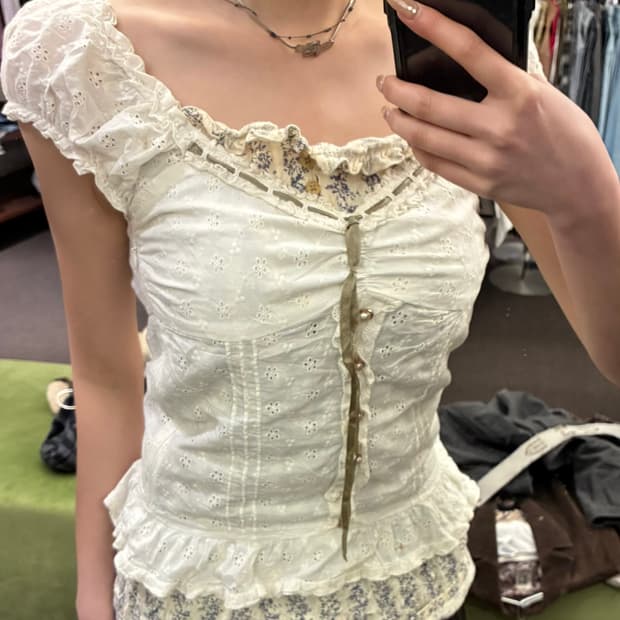 F)LIZ LISA 빈티지 여성 꽃 펀칭 레이스업 블라우스