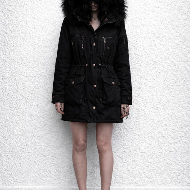 Fur Hooded Black Field Jacket