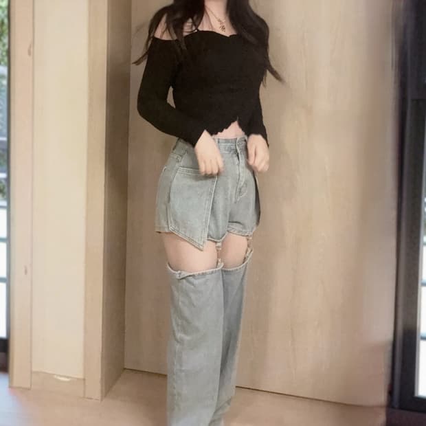 갸루 무드 블랙 셔링 오프숄더 연청 데님 레그 워머 탈부착 팬츠 코디