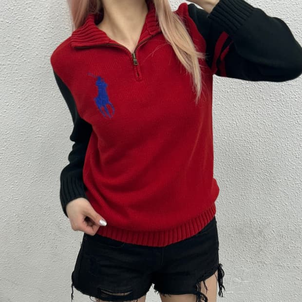 폴로 랄프로렌 빅포니 네이비 배색 레드 니트 반집업 L