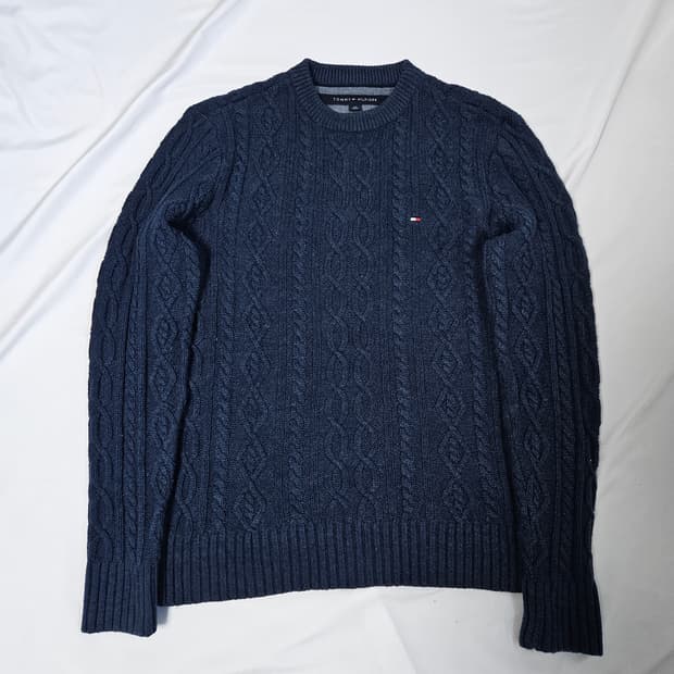타미힐피거 케이블니트 꽈배기니트 폴로 울 스웨터 