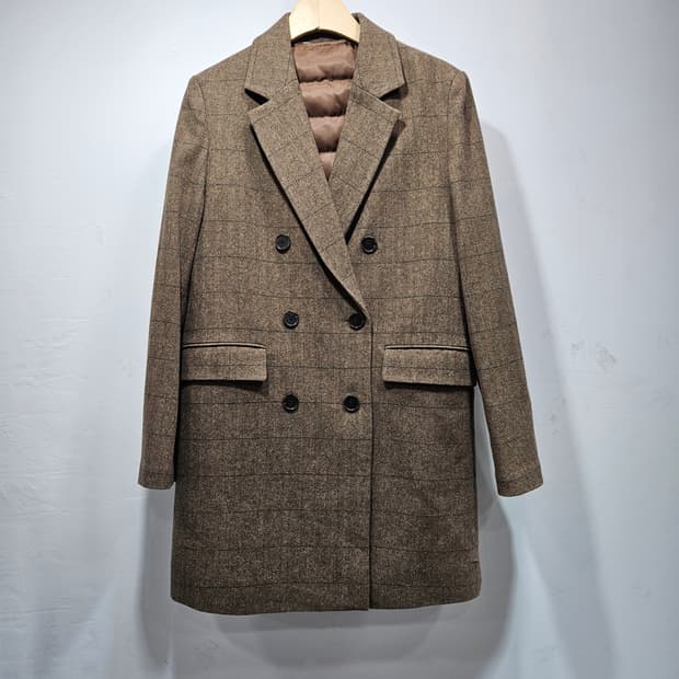 알토(alto) 베이지/브라운 체크 더블 울코트 90