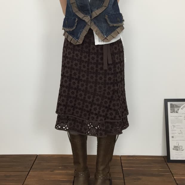 Jpn Brown Floral Punching Tiered Skirt