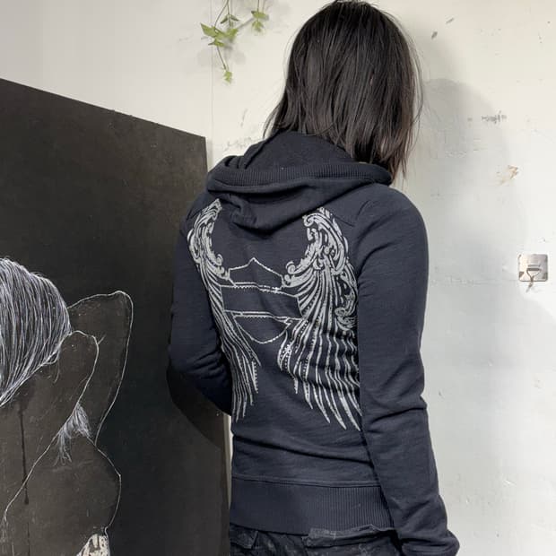 할리데이비슨 큐빅 y2k 날개 자수 후드 집업 XS