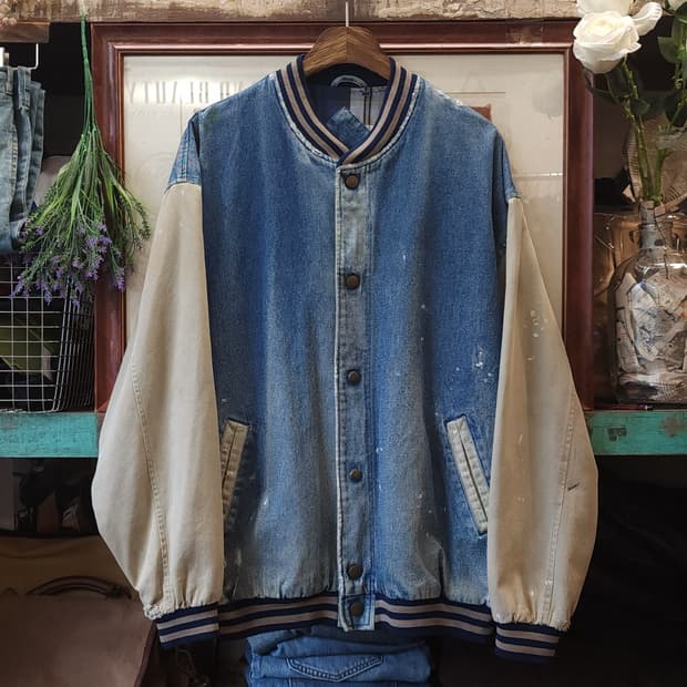 90s 빈티지 바시티 자켓 빈티지 데님 베이스볼 워크자켓 페인팅 L