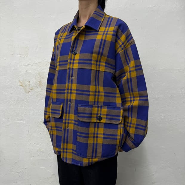 빔즈(BEAMS) 블루 머스타드 체크 패턴 코튼 빅실루엣 커버올 자켓