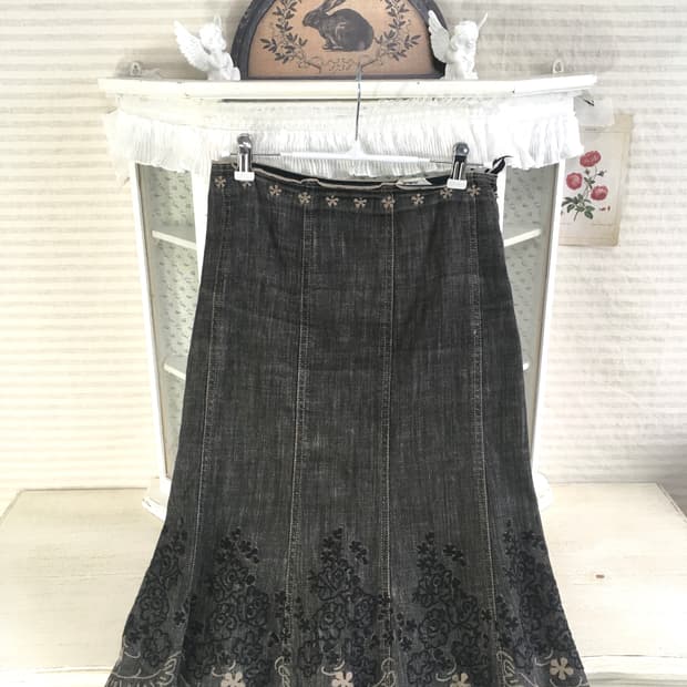 일본빈티지 플라워 자수 데님 미디 스커트