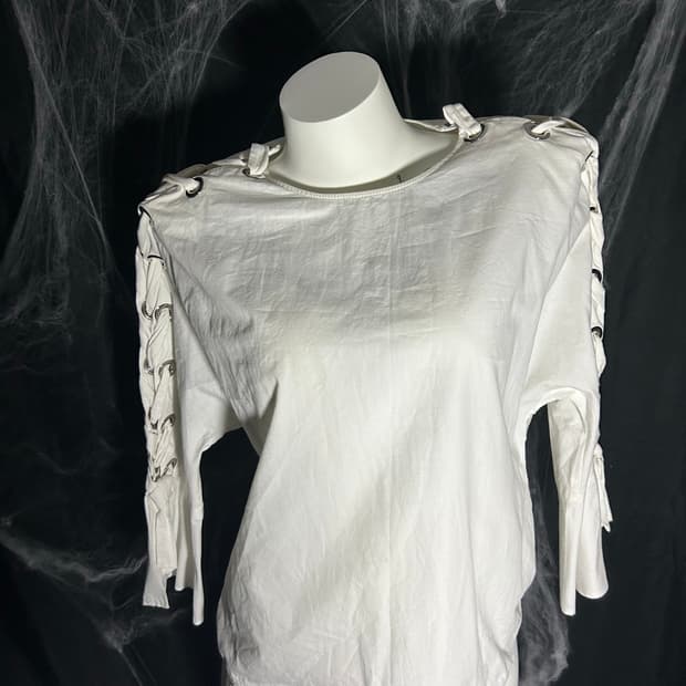 white eyelet flare shirts sleeve