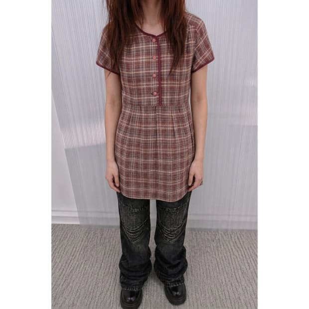 체크 레드 버튼 원피스