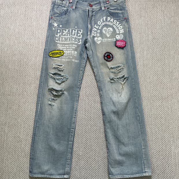 빈티지 히코리 디스트로이드 패치워크 데님팬츠