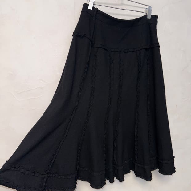 Black wool frill detail long skirt