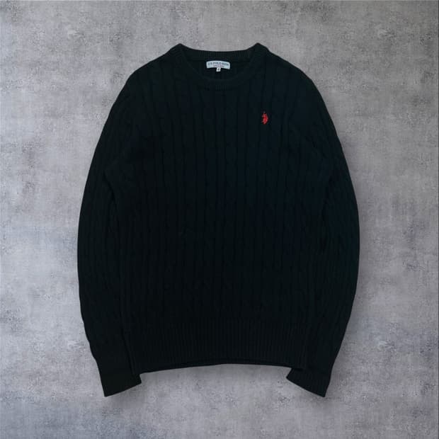 U.S POLO ASSN 스몰 로고 블랙 꽈배기 니트