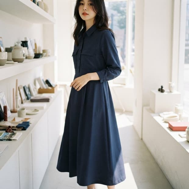 (새상품) 셔츠형 롱 원피스 네이비
