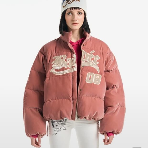 배디 벨루어 바시티 자켓 숏 패딩 핑크 badee L