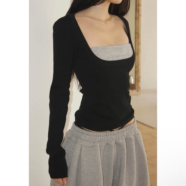 사토미라디오) Layered Rib Top BK F