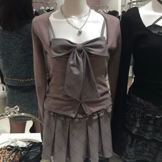 버블즈 BUBBLES 체크 리본 가디건 셋업 일본 갸루