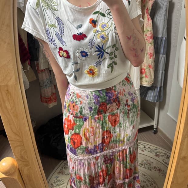 빈티지 플라워 자수 반팔 + 플라워 롱스커트 2개 코디세트