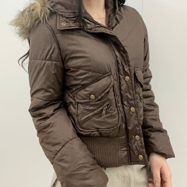 Brown hoodie fur layered padding jacke