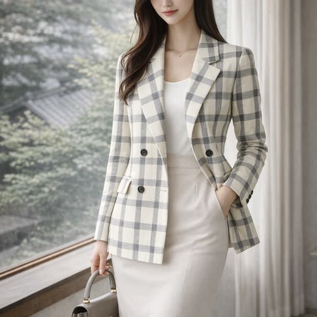 일본감성 크림 체크 자켓 여리핏 더블 봄~여름 아우터 (로미스토리)