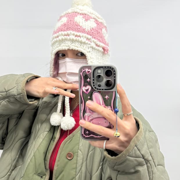 러블리 하트 리본 이어플랩 방울 비니