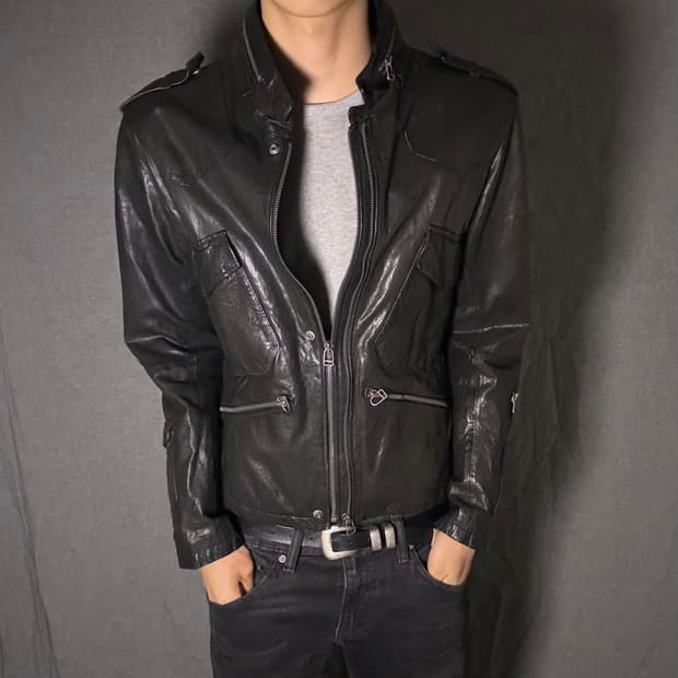 double zip-up lamb skin leather jacket